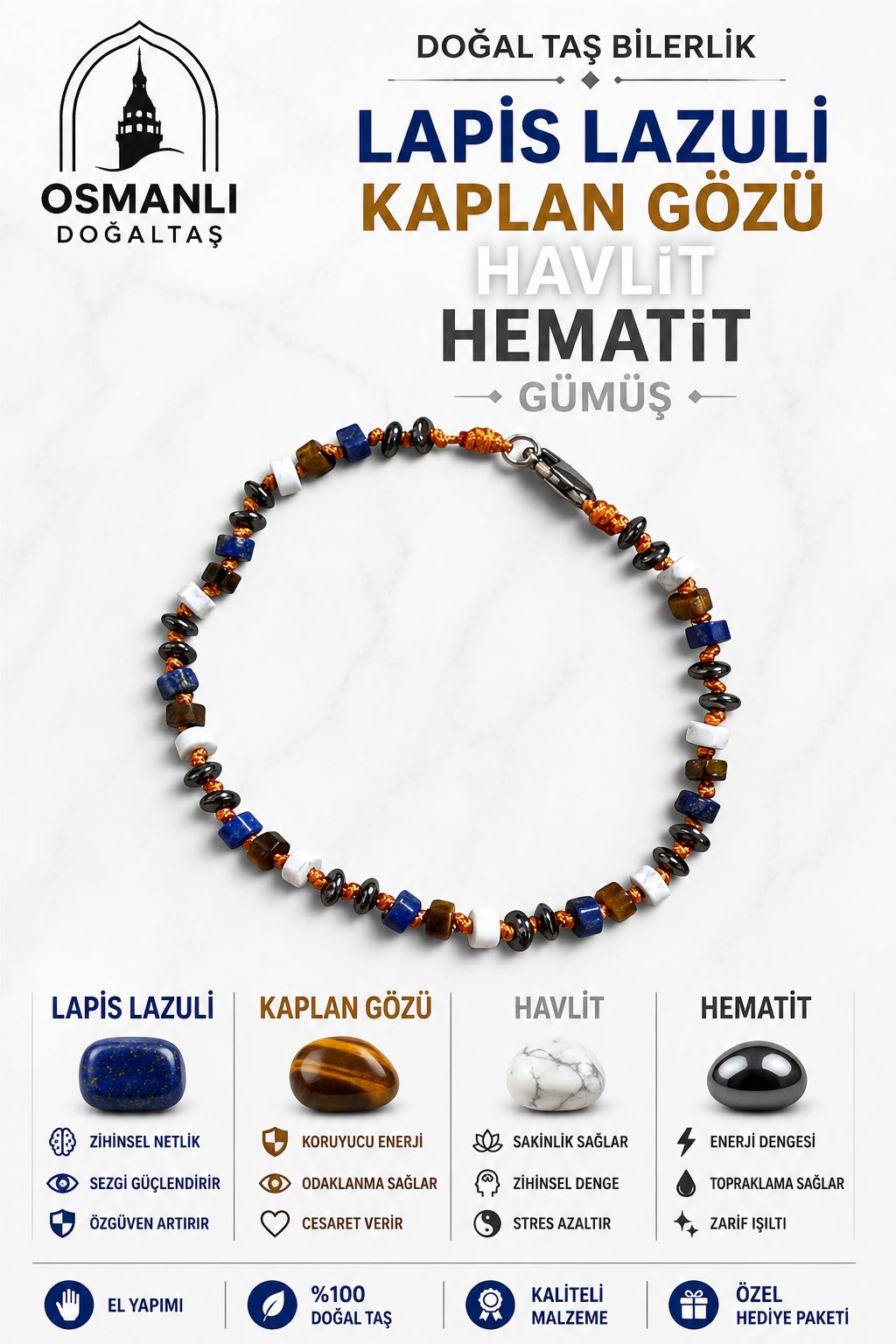 Lapis Lazuli Kaplan Gözü Havlit Hematit Gümüş Bileklik