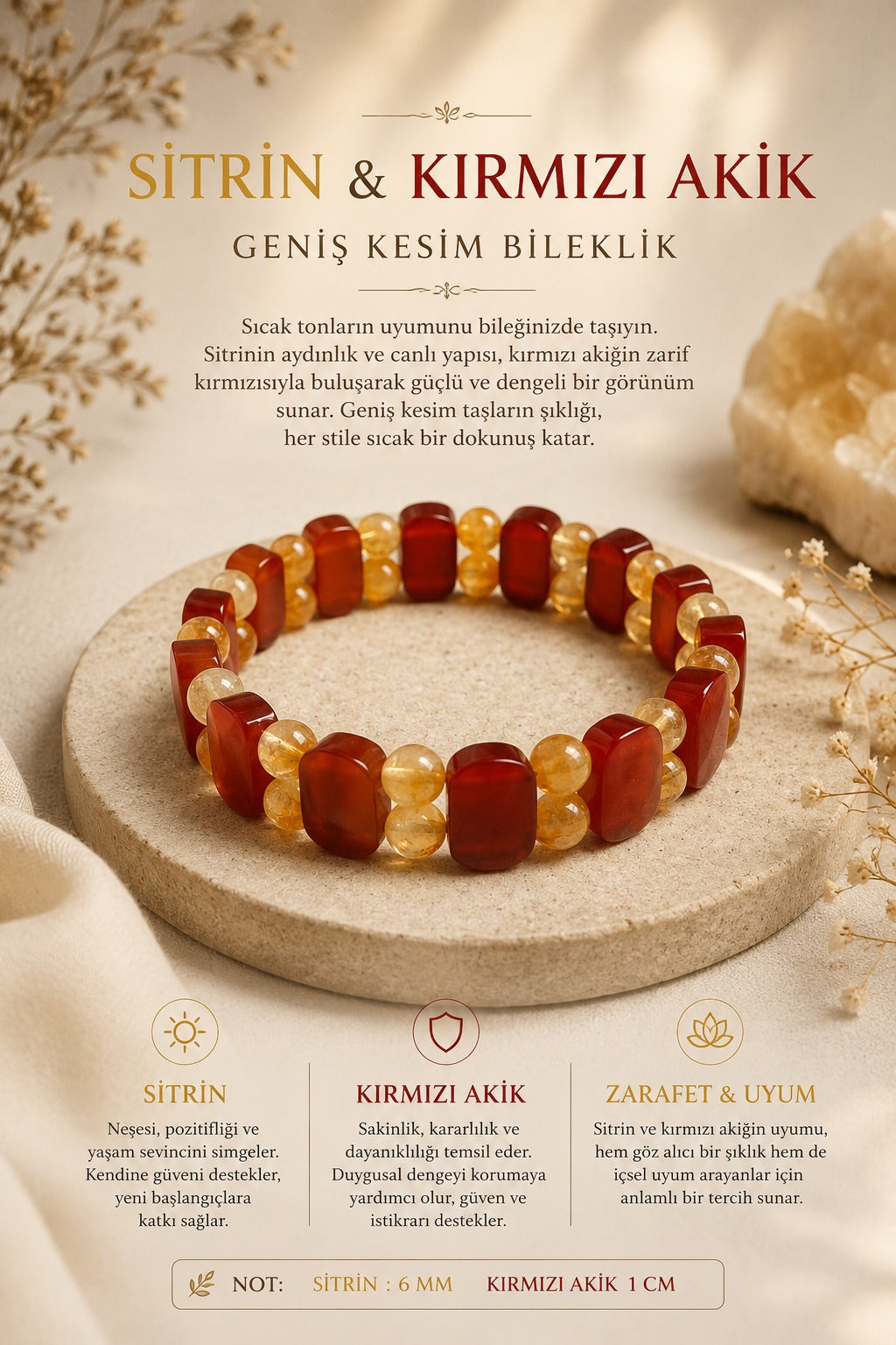 Sertifikalı Sarı Sitrin - Kırmızı Akik ( Geniş Kesim bileklik )