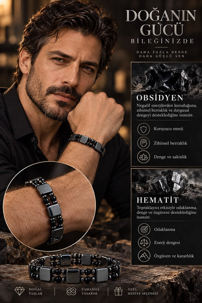Hematit - Obsidyen Doğal Taş Bileklik