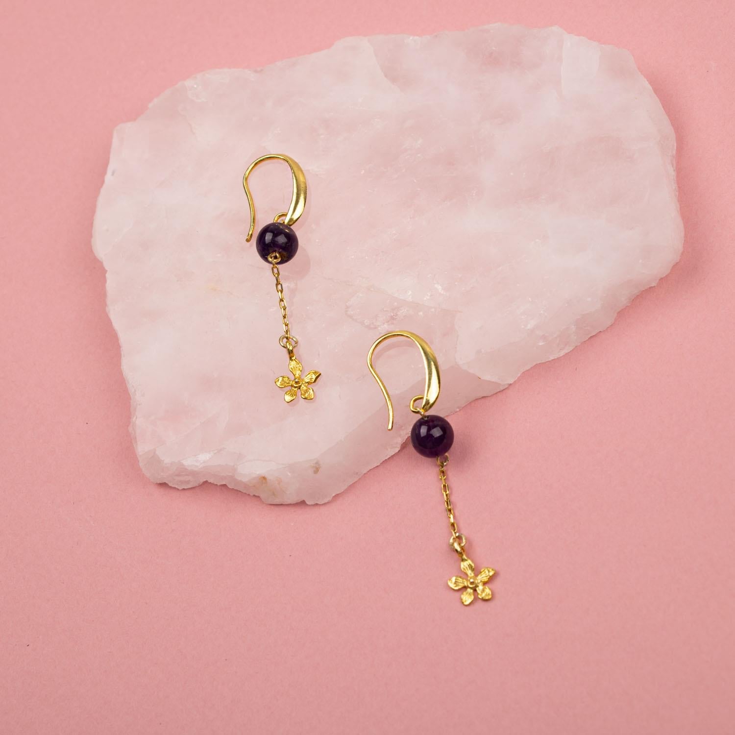 Ametist Doğal Taş Gümüş Çiçekli Küpe