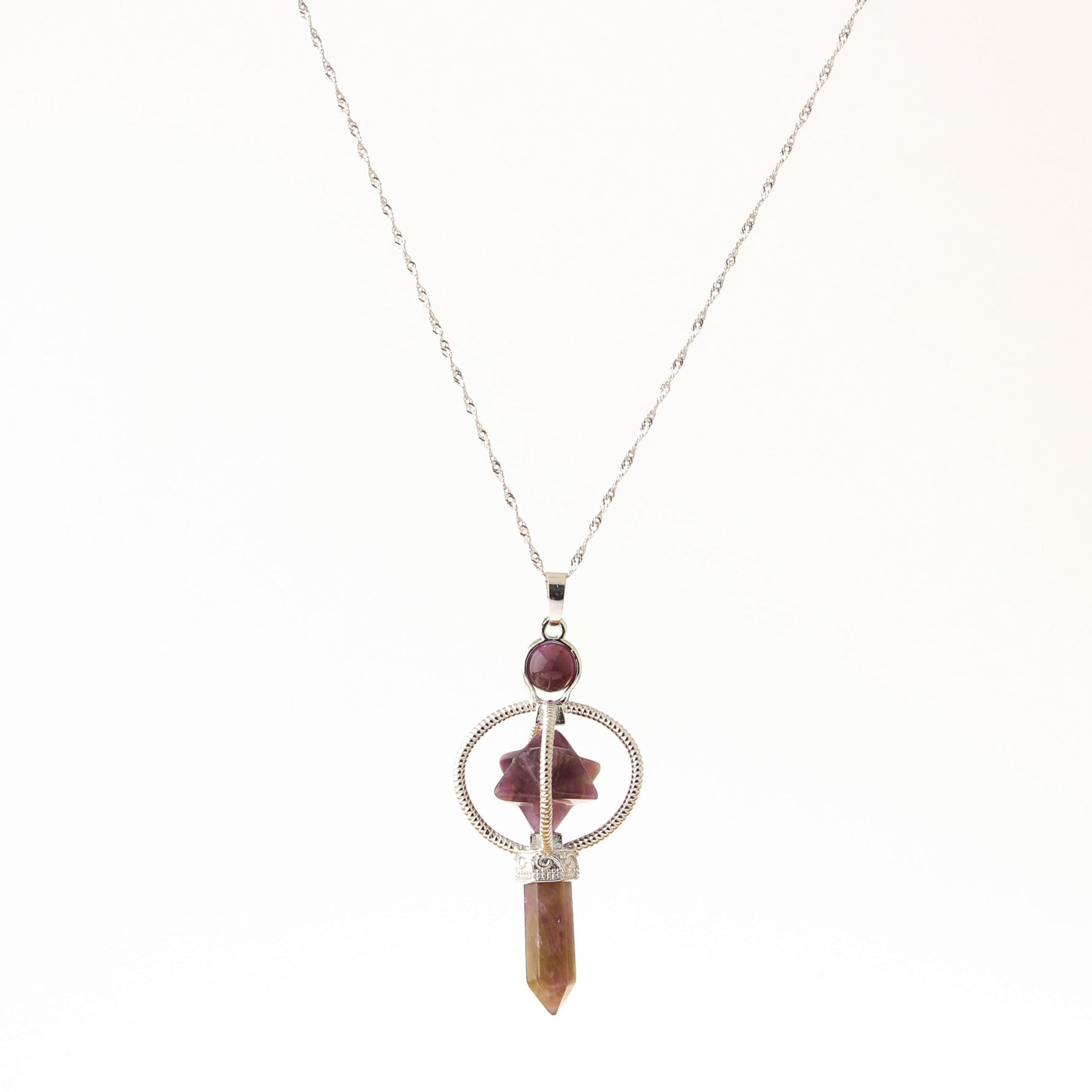 Ametist Doğal Taş Markapon Yıldızlı Kolye, Gümüş Zincir