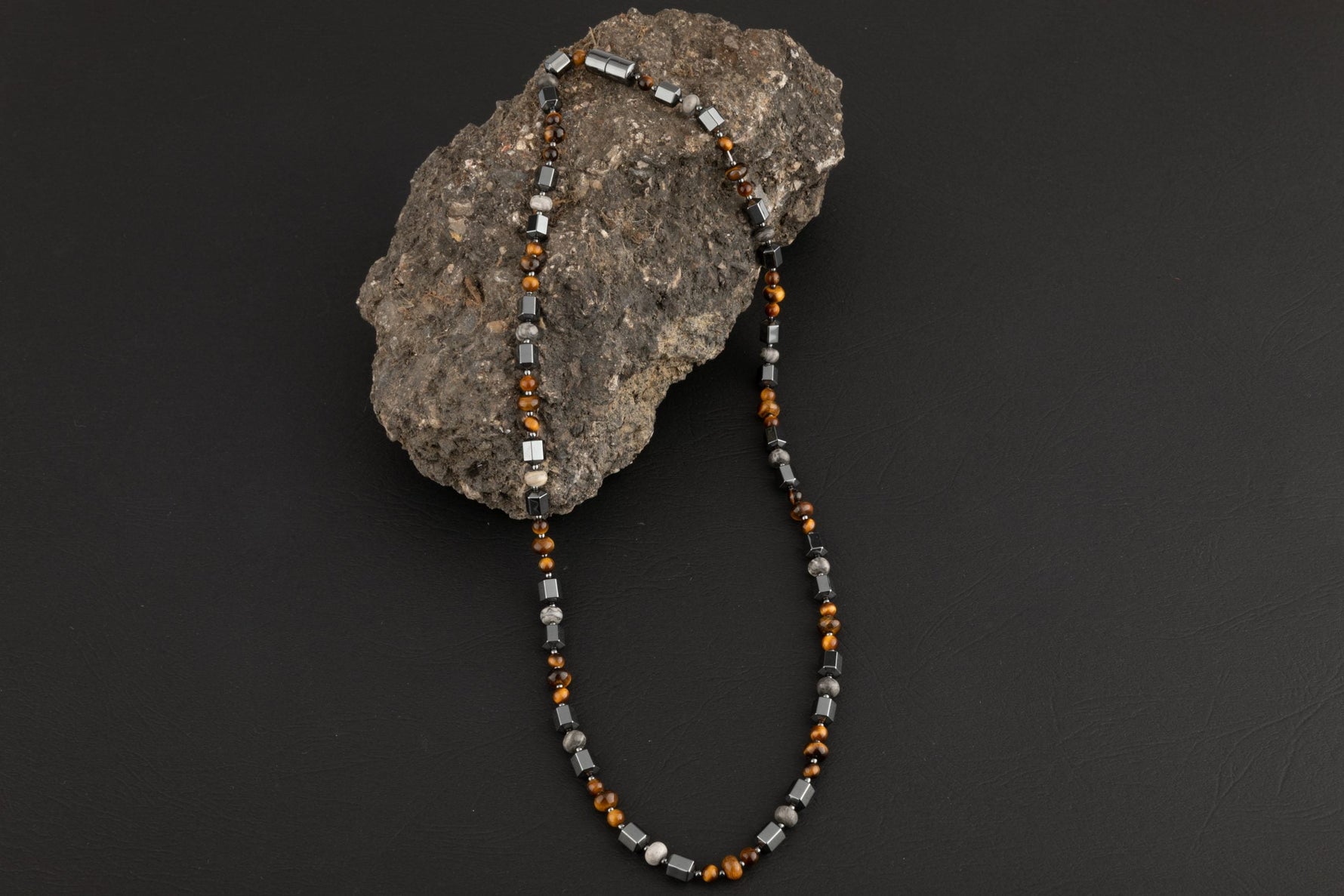 Kaplan Gözü-Gri Jasper-Hematit Doğal Taş Erkek Kolye