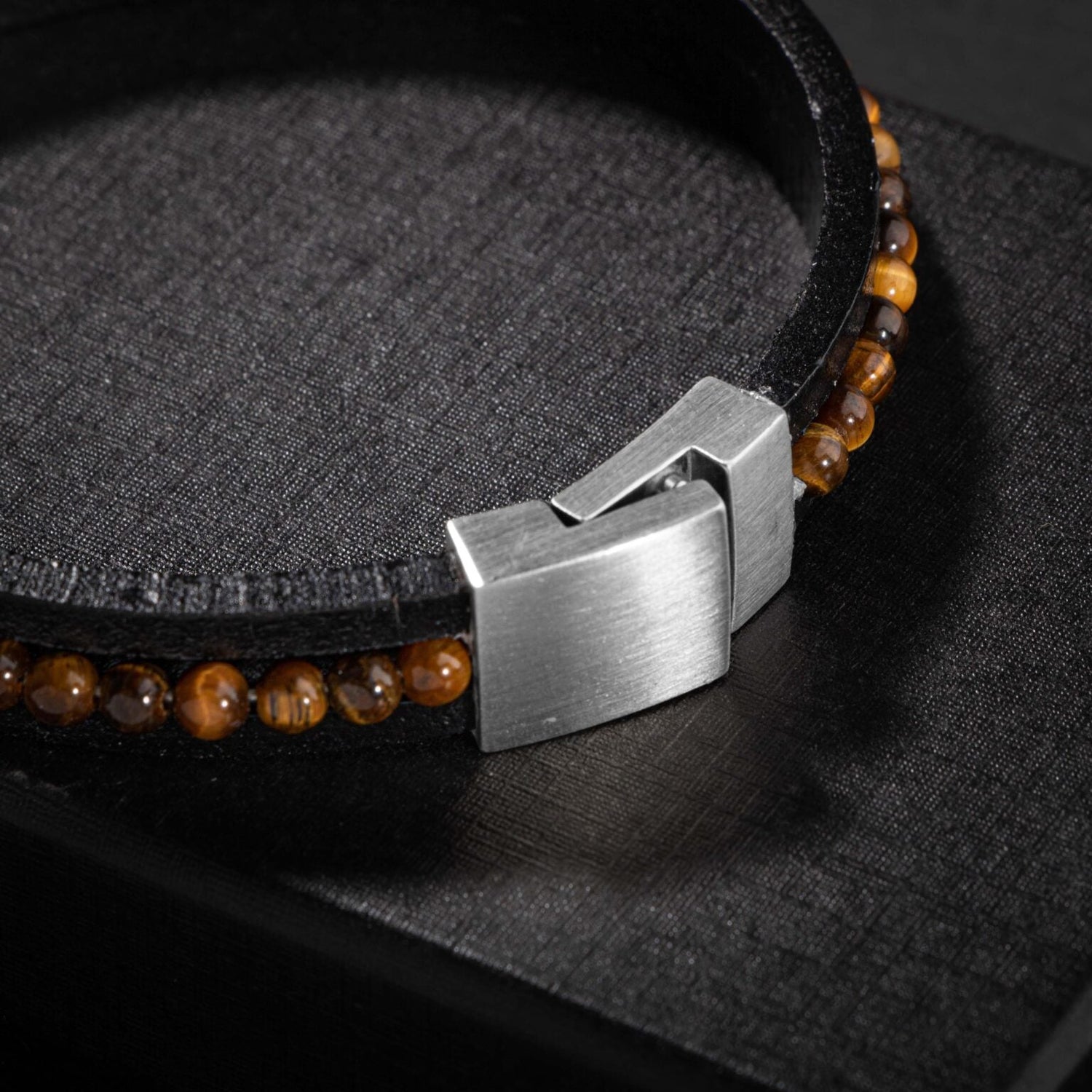 Kaplan Gözü Doğal Taş Deri Erkek Tasarım Bileklik