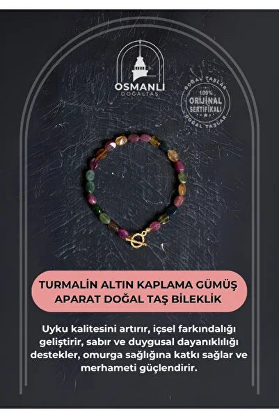 Sertifikalı Özel Kesim Turmalin  Altın Kaplama Gümüş Aparat Doğal Taş Bileklik