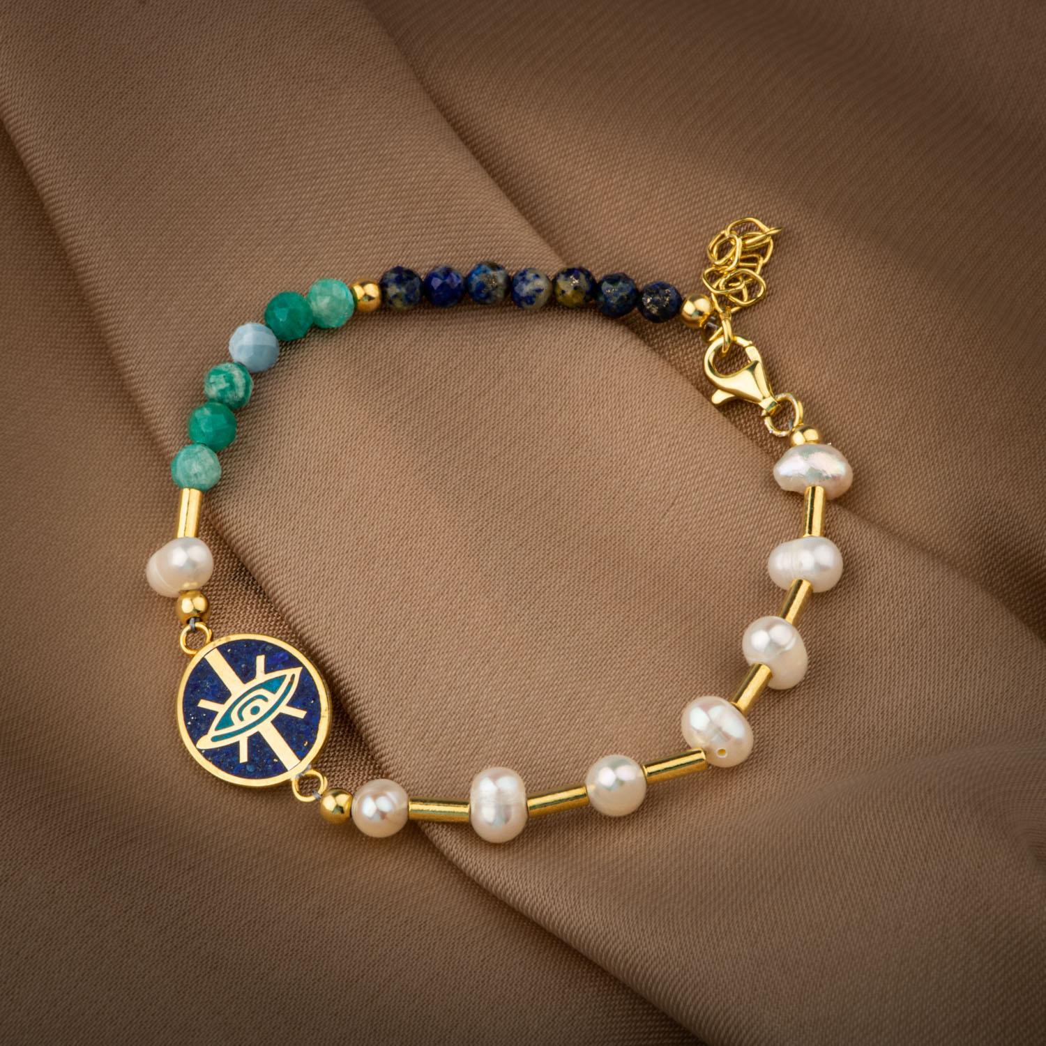 Mozaik Lapis Lazuli Taşlı-Amazonit-İnci Doğal Taş Gümüş Tasarım Bileklik