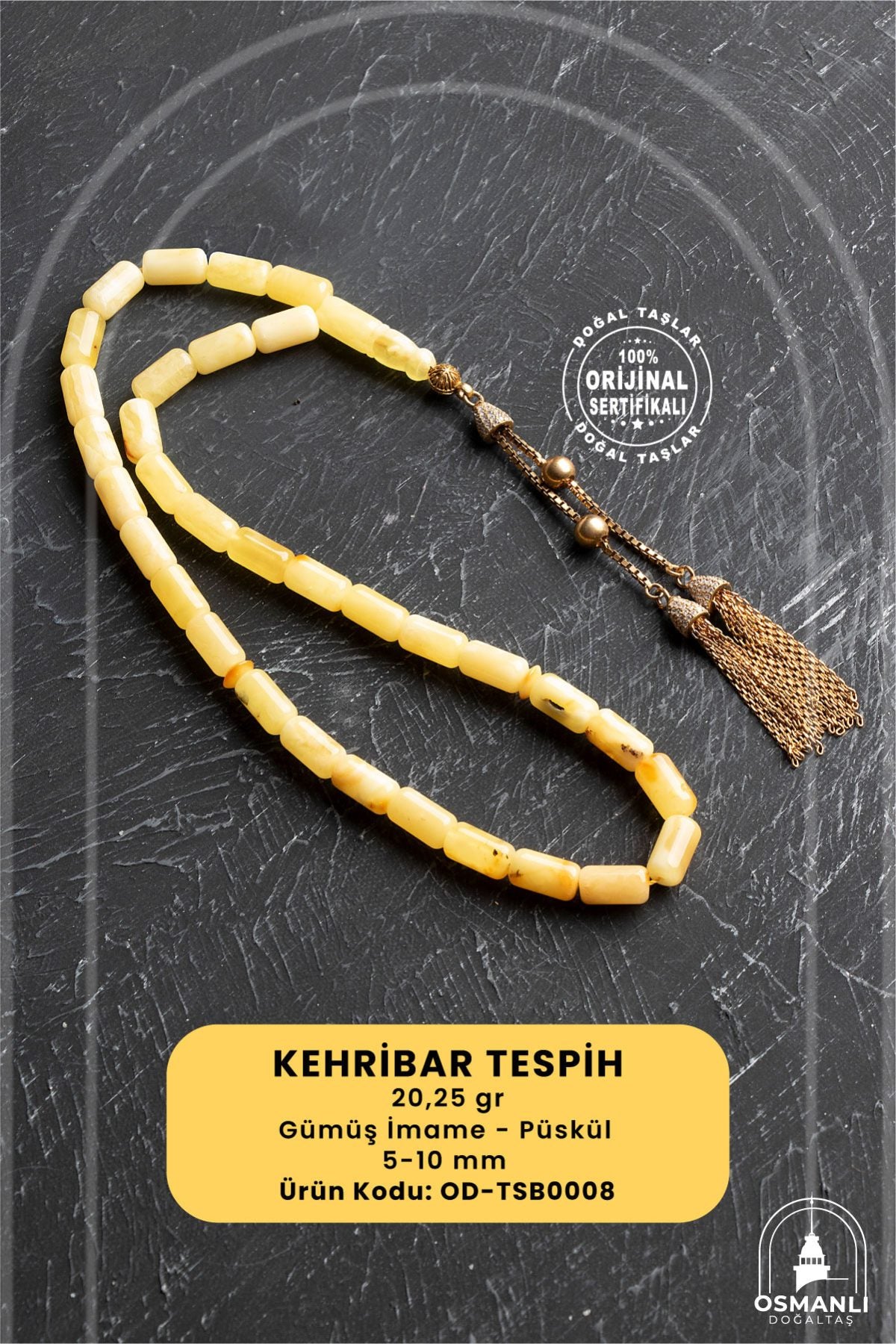 Sertifikalı 5-10 mm Silindir Kesim 20,25 gr Gold Eskitme Kaplamalı Gümüş İmame ve Püsküllü Kehribar Tesbih