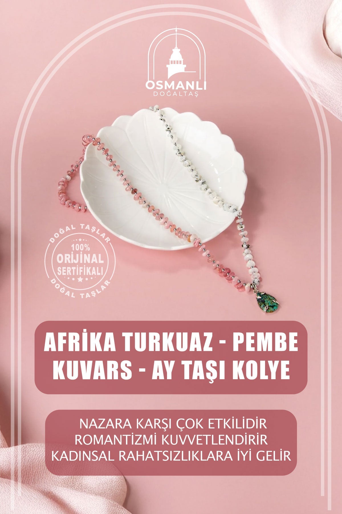 Afrika Turkuaz-Pembe Kuvars-Ay Taşı Doğal Taş Kolye