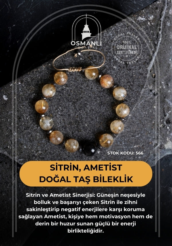 Sertifikalı Sitrin, Ametist Doğal Taş Bileklik (SK:566)