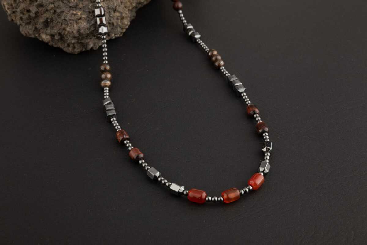 Akik-Kaplan Gözü-Bronzit-Jasper-Kuvars-Lal-Pirit-Obsidyen Doğal Taş Erkek Kolye