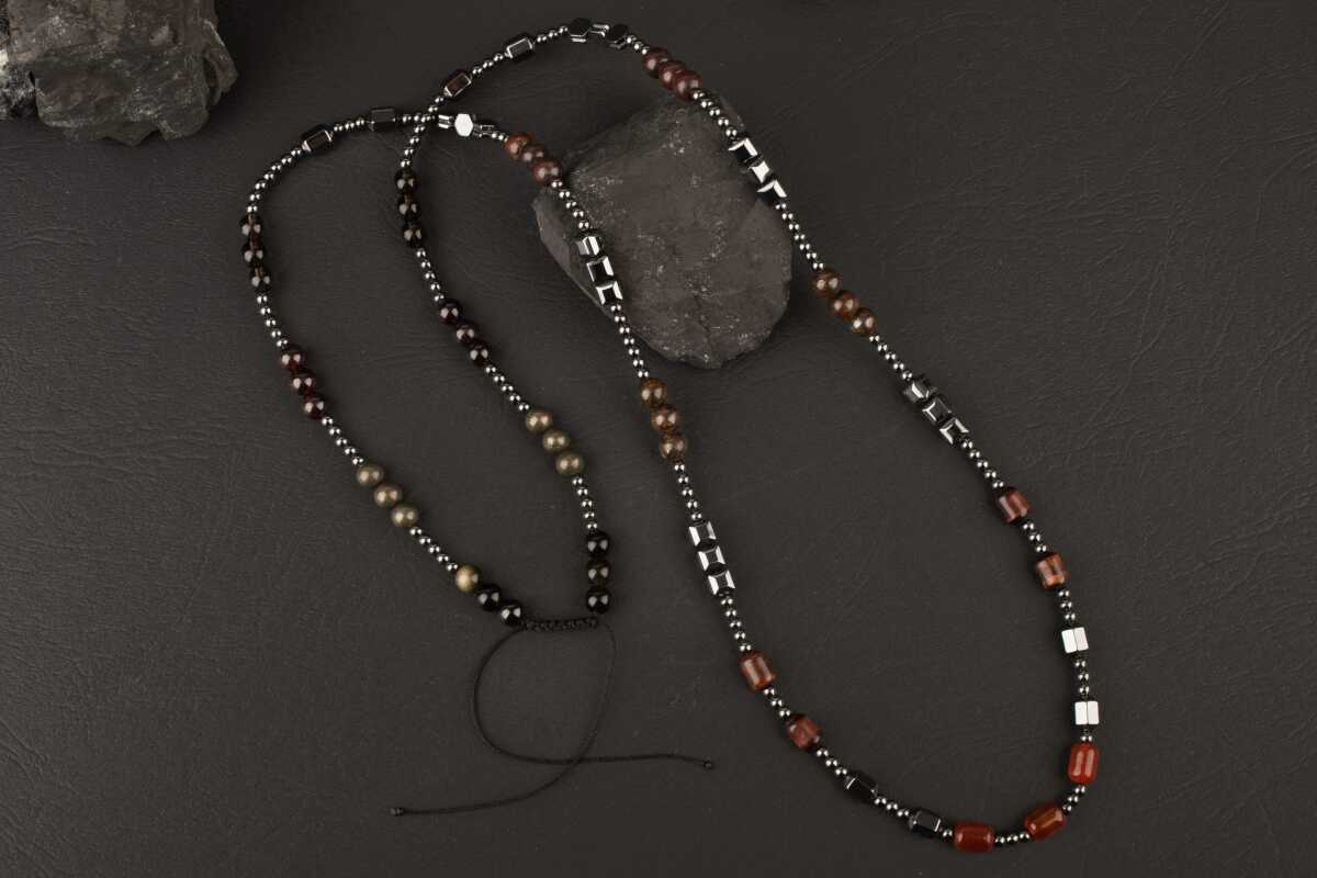 Akik-Kaplan Gözü-Bronzit-Jasper-Kuvars-Lal-Pirit-Obsidyen Doğal Taş Erkek Kolye