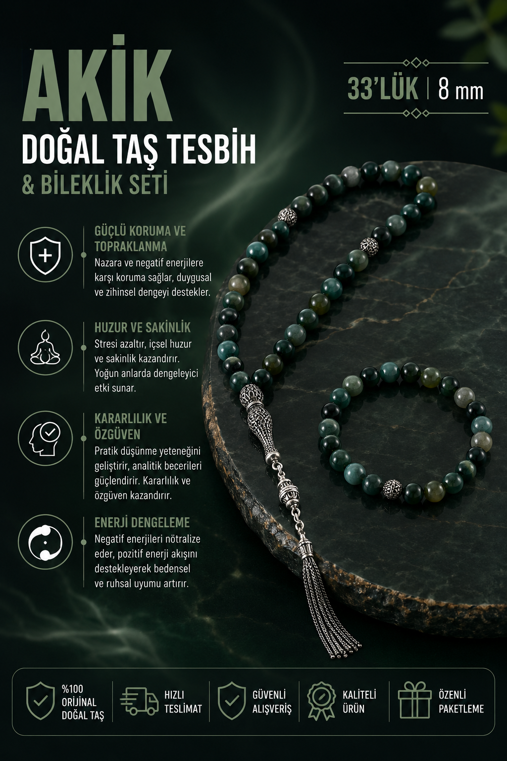 Sertifikalı Akik 925 Ayar Gümüş 8 mm İmameli Tesbih & Bileklik Seti