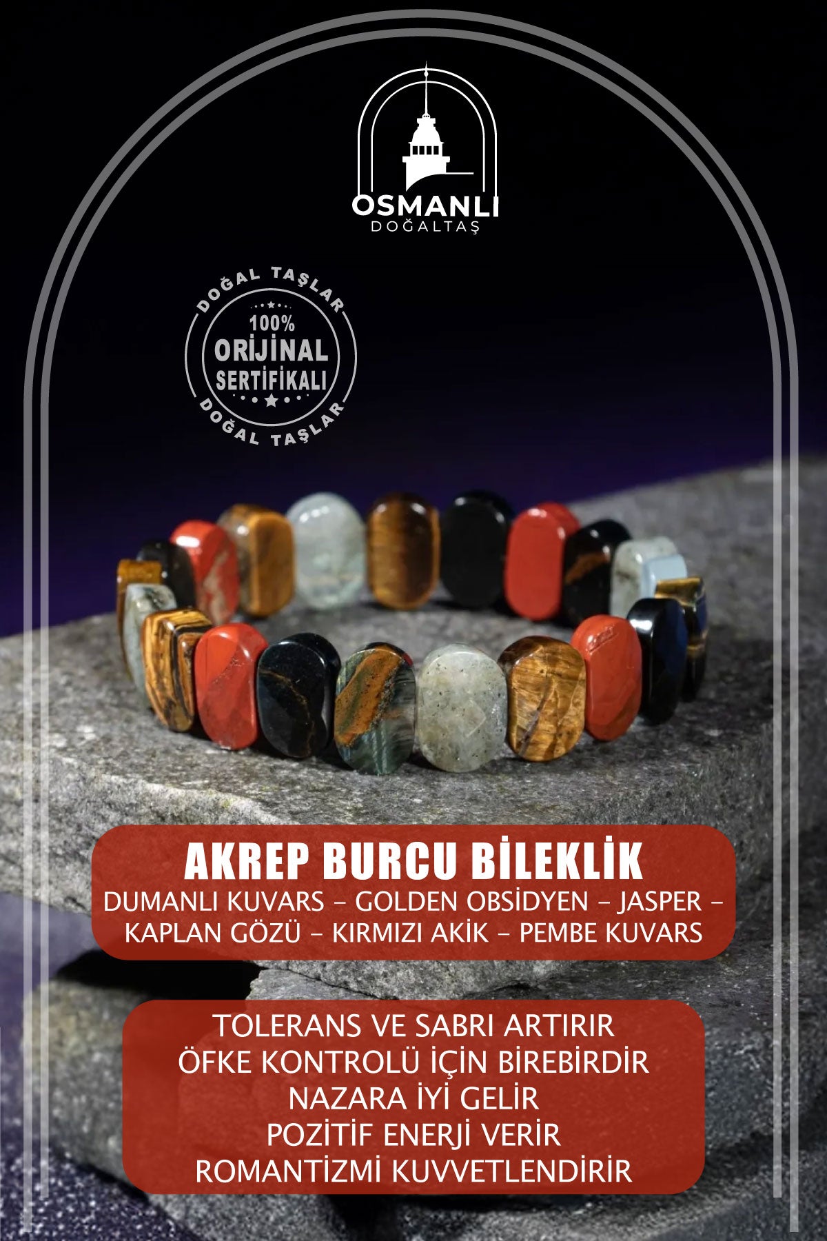 Akrep Burcu Bileklik Dumanlı Kuvars, Golden Obsidyen, Jasper, Kaplan Gözü, Kırmızı Akik, Pembe Kuvars