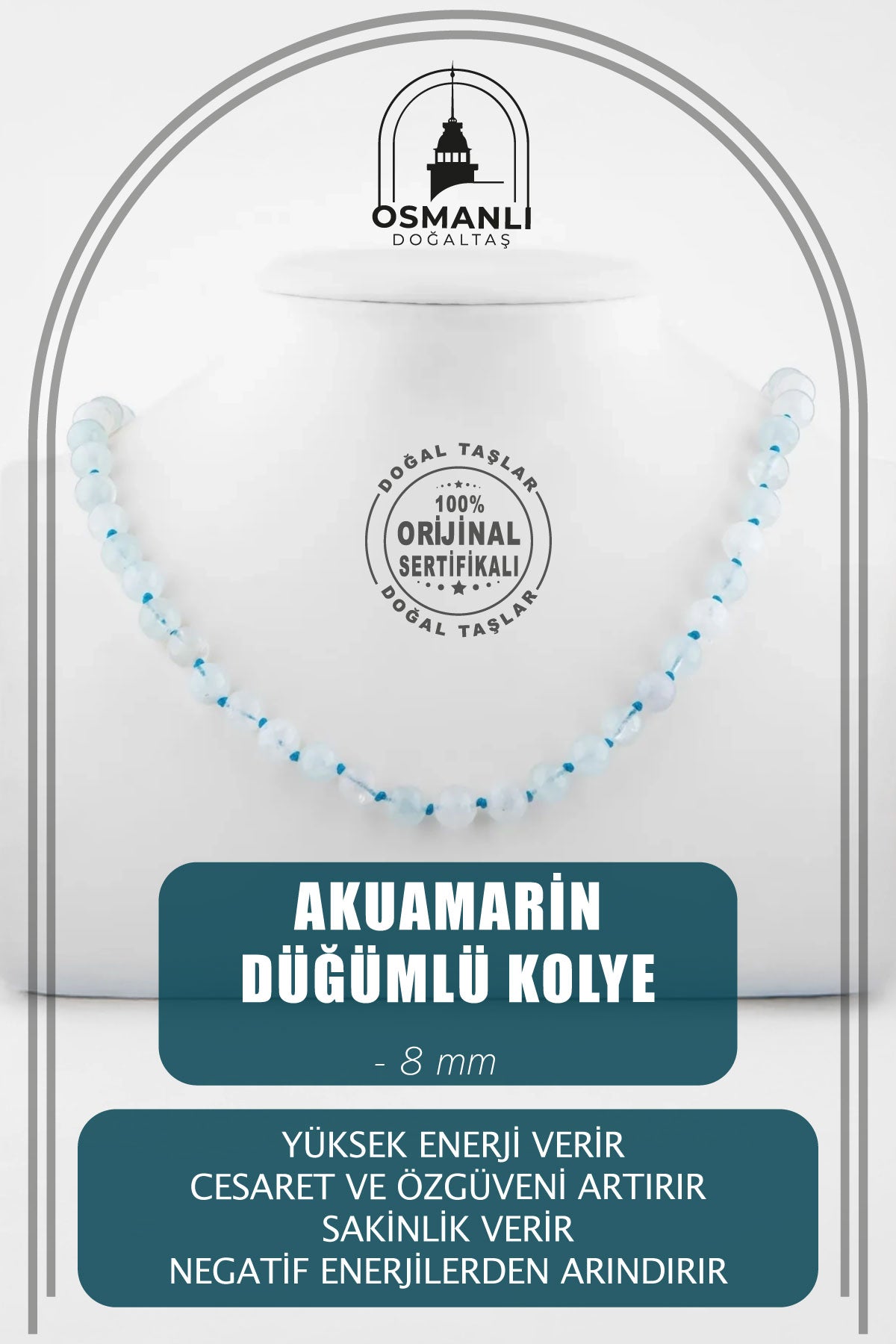 Akuamarin 8 mm Düğümlü Doğal Taş Kolye