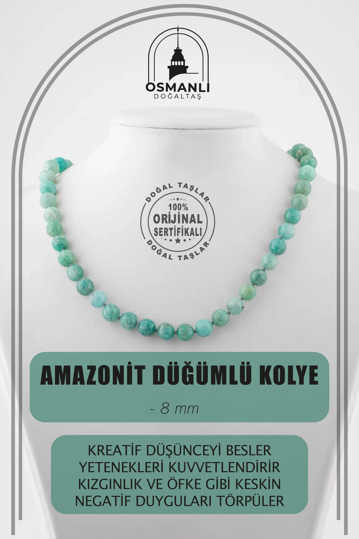 Amazonit 8 mm Düğümlü Doğal Taş Kolye