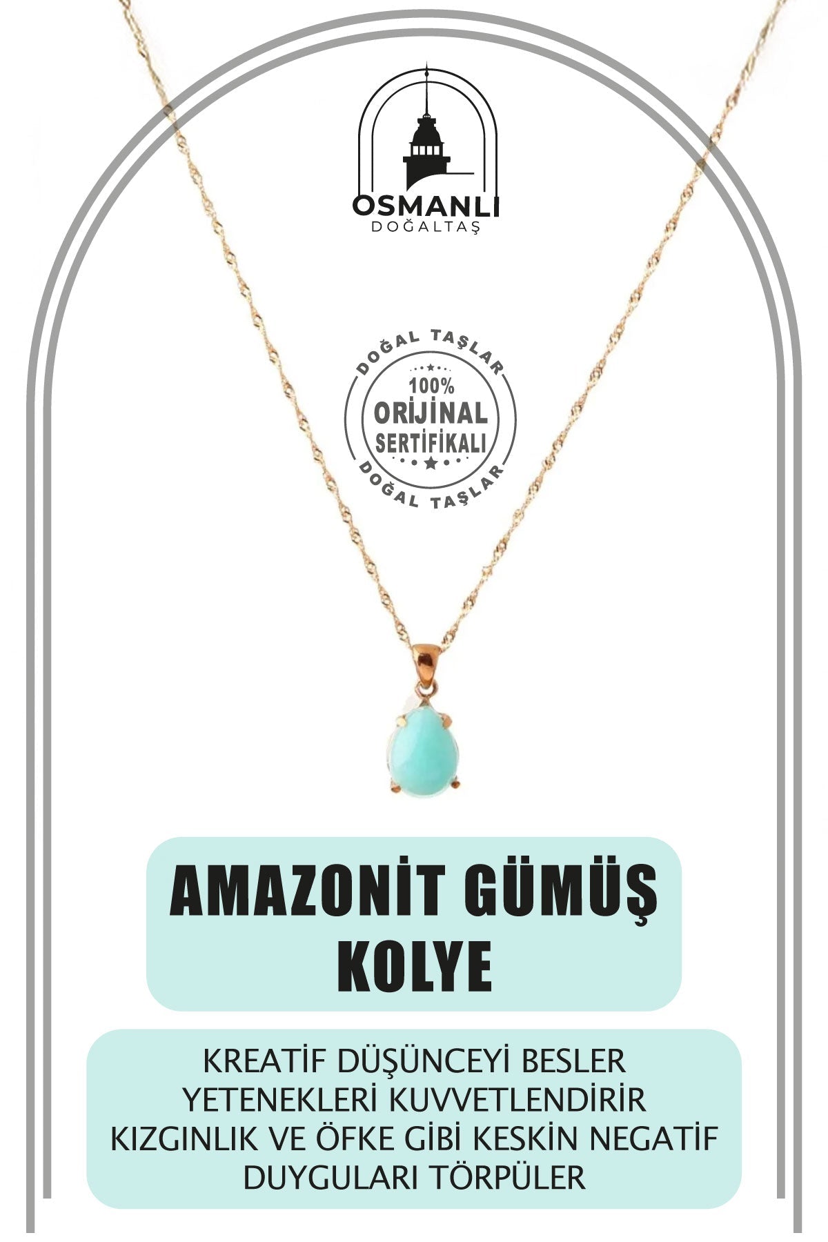 Amazonit Doğal Taş Gümüş Kolye, Gümüş Sarı Zincir