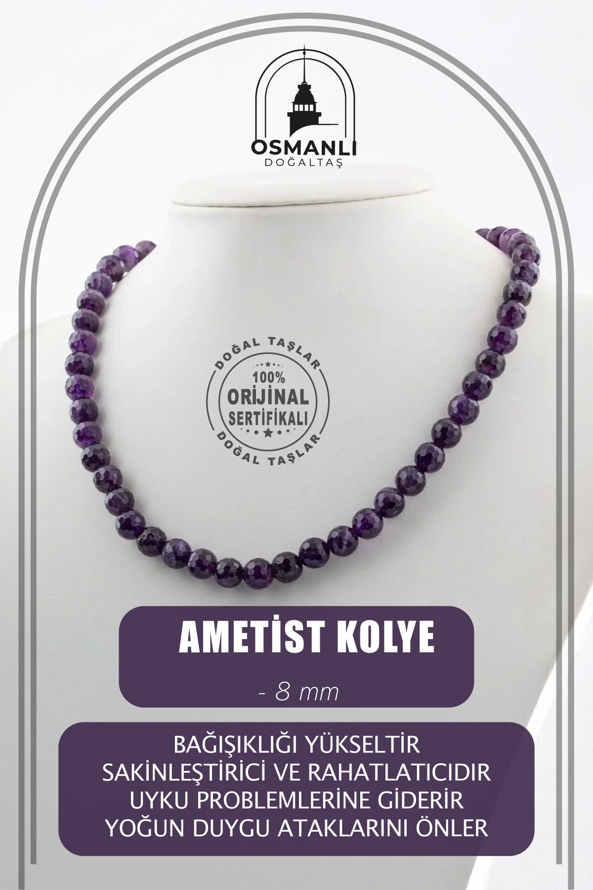 Ametist 8 mm Dizi Doğal Taş Kolye