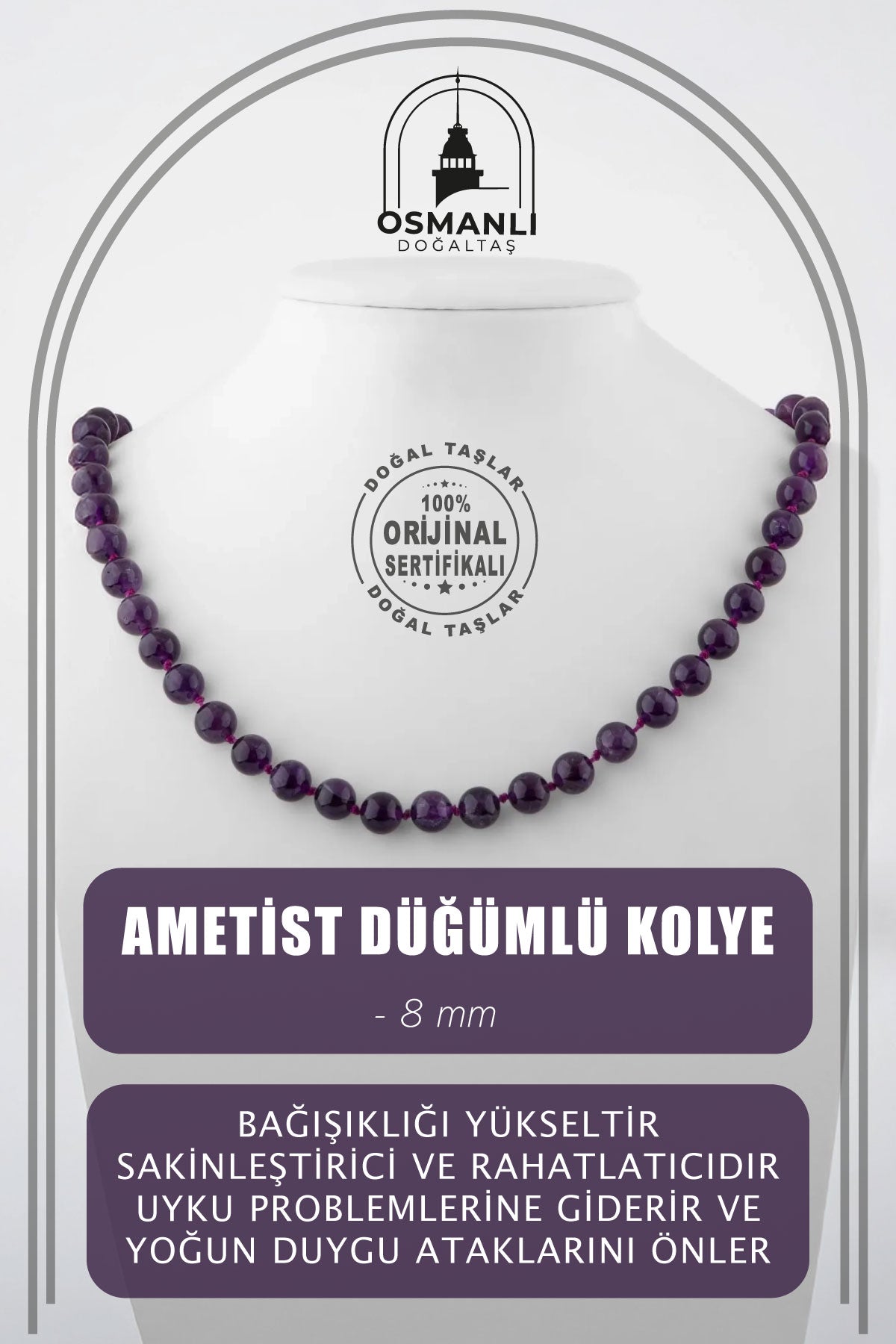 Ametist 8 mm Düğümlü Doğal Taş Kolye