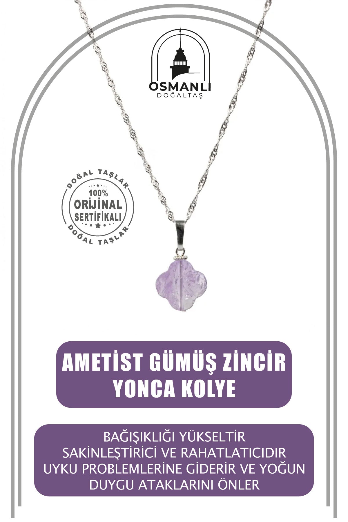 Ametist Doğal Taş Gümüş Zincir Yonca Kolye