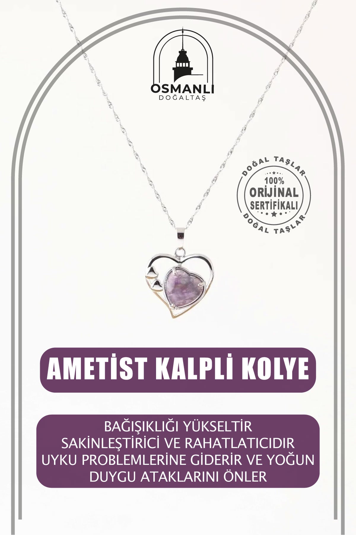 Ametist Doğal Taş Kalpli Kolye, Gümüş Zincir
