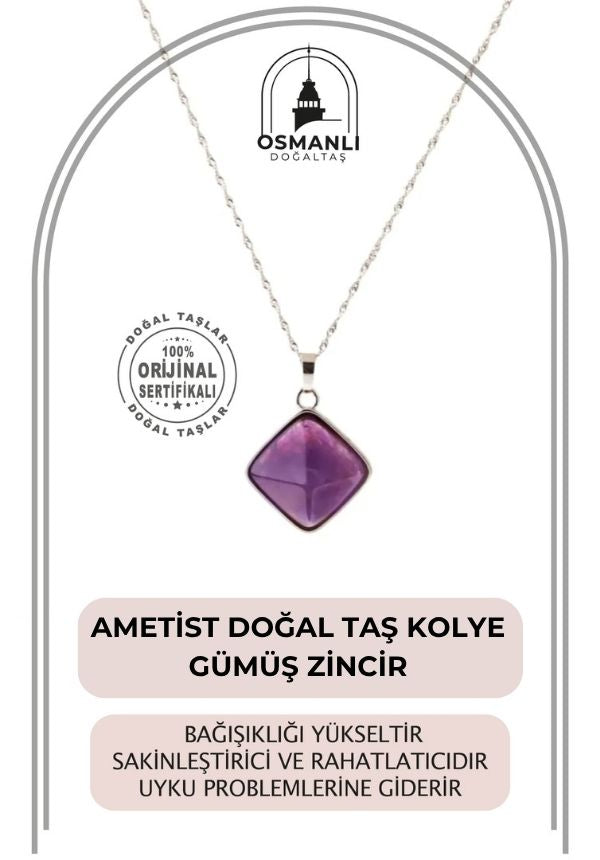 Ametist Doğal Taş Kolye, Gümüş Zincir
