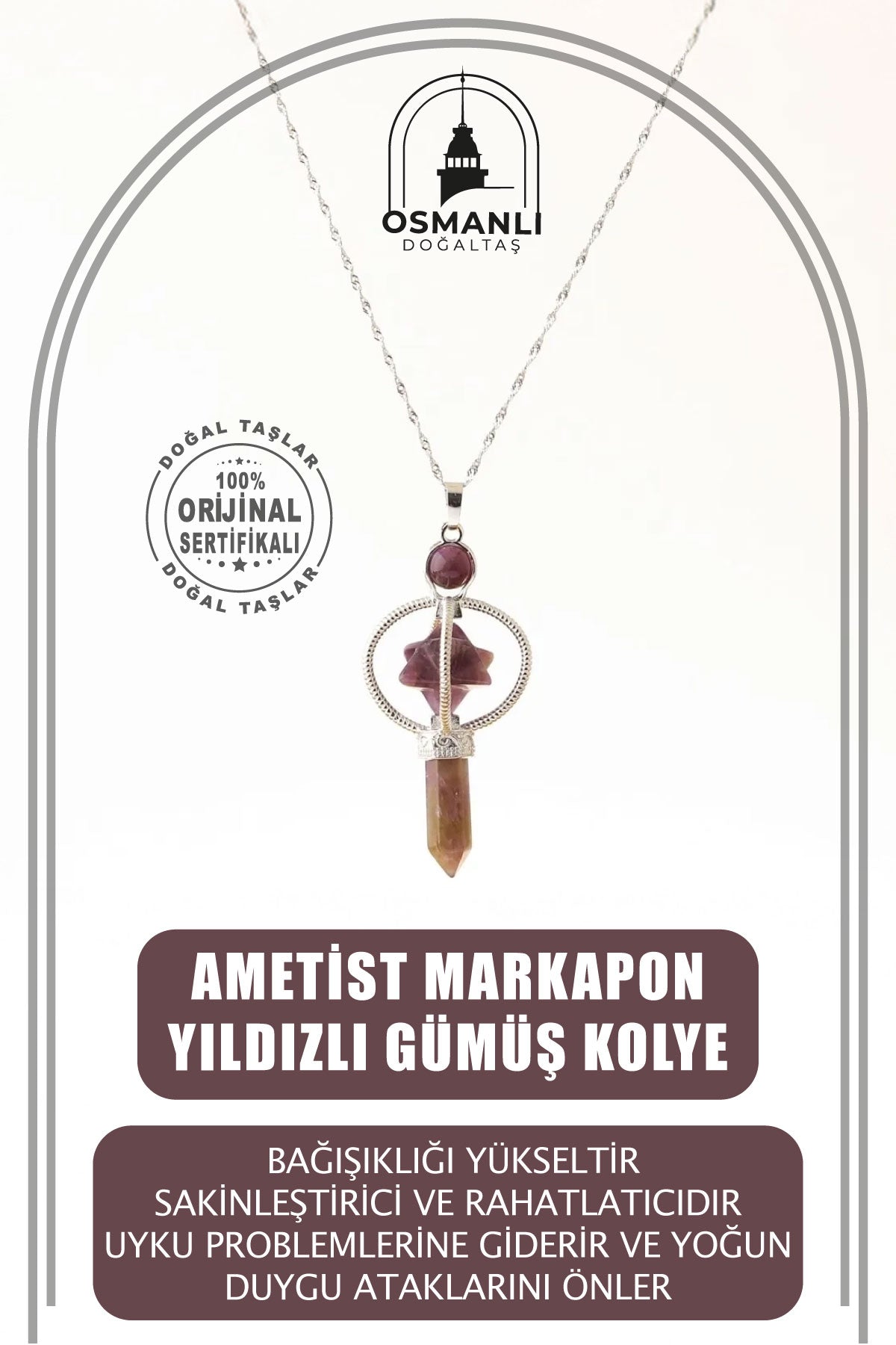 Ametist Doğal Taş Markapon Yıldızlı Kolye, Gümüş Zincir