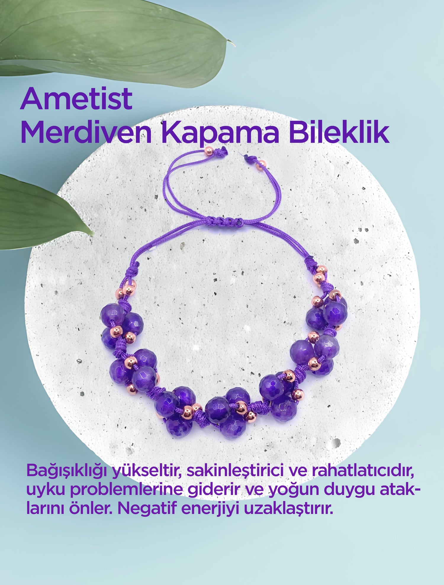 Ametist Doğal Taş Fasetli Kesim Ayarlanabilir Bileklik