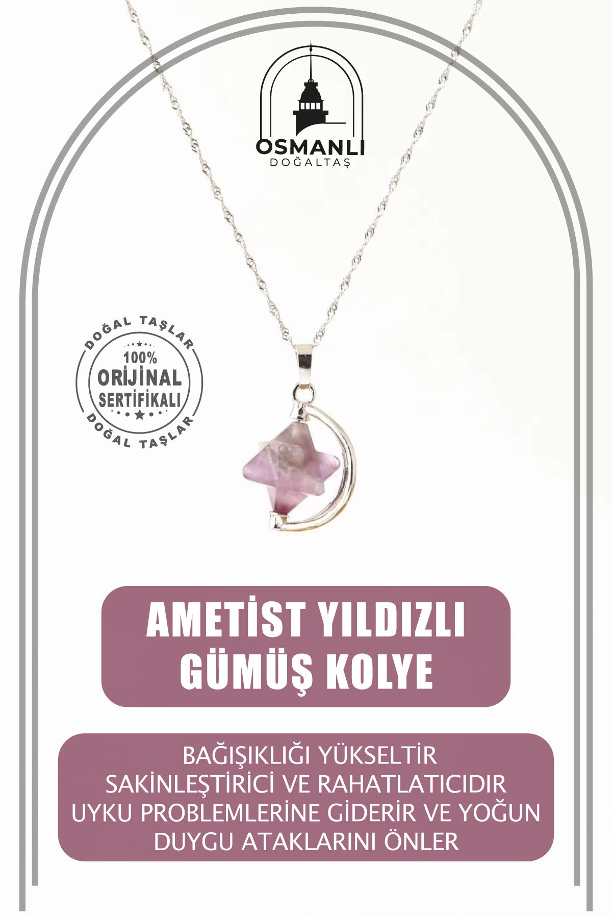 Ametist Doğal Taş Yıldızlı Kolye, Gümüş Zincir