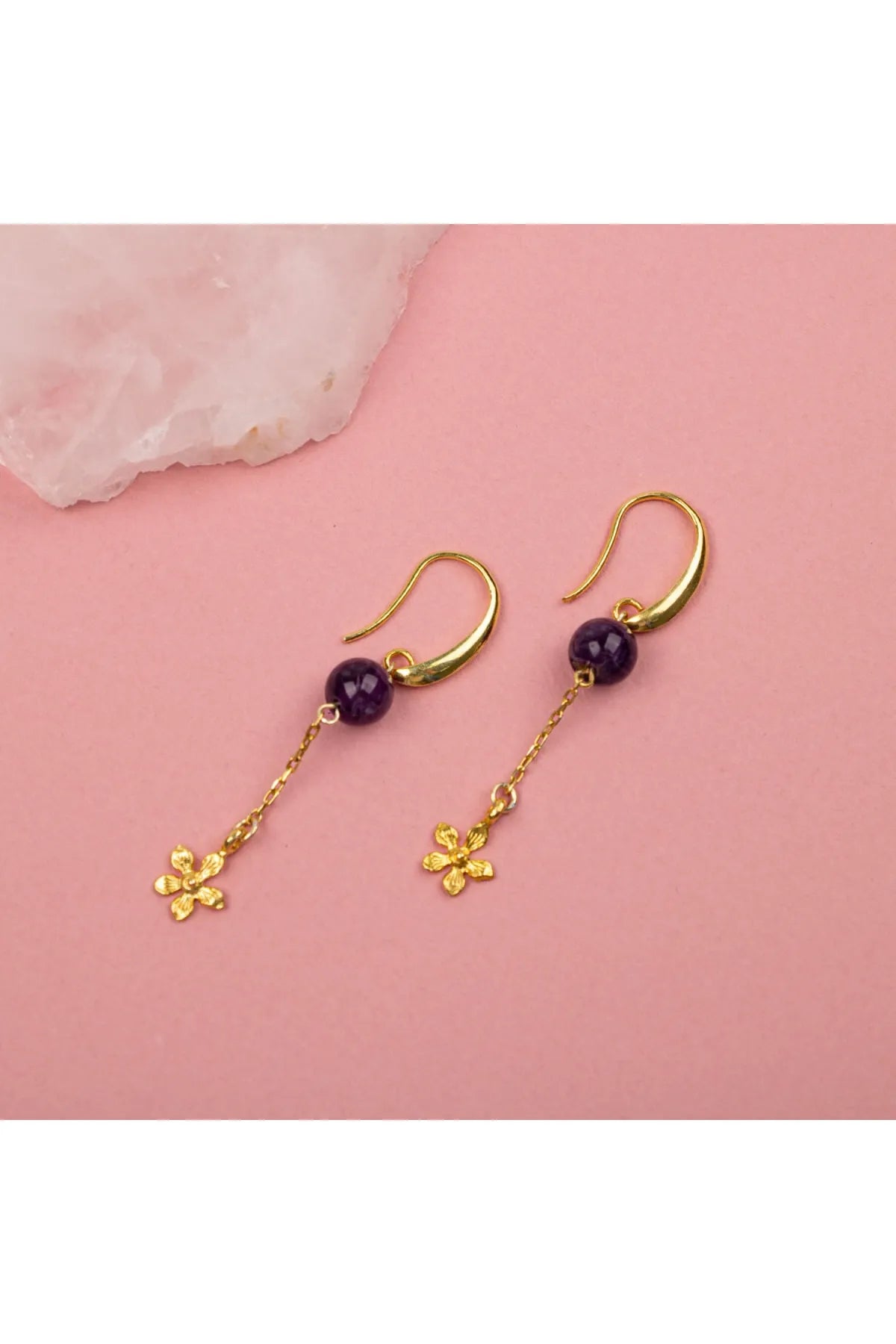 Ametist Doğal Taşlı 925 Ayar Gümüş Küpe Papatya Motifli