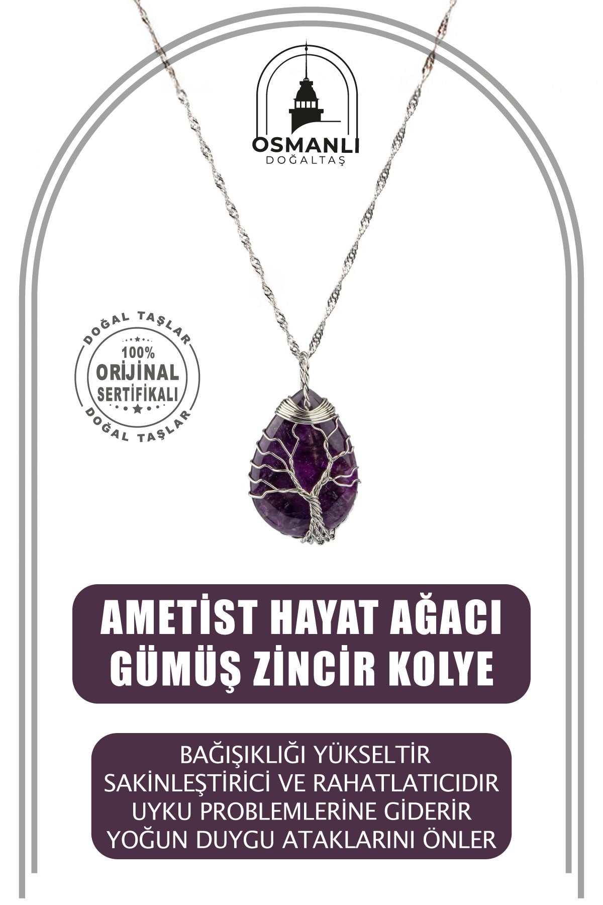 Ametist Hayat Ağacı Doğal Taş Gümüş Zincir Kolye