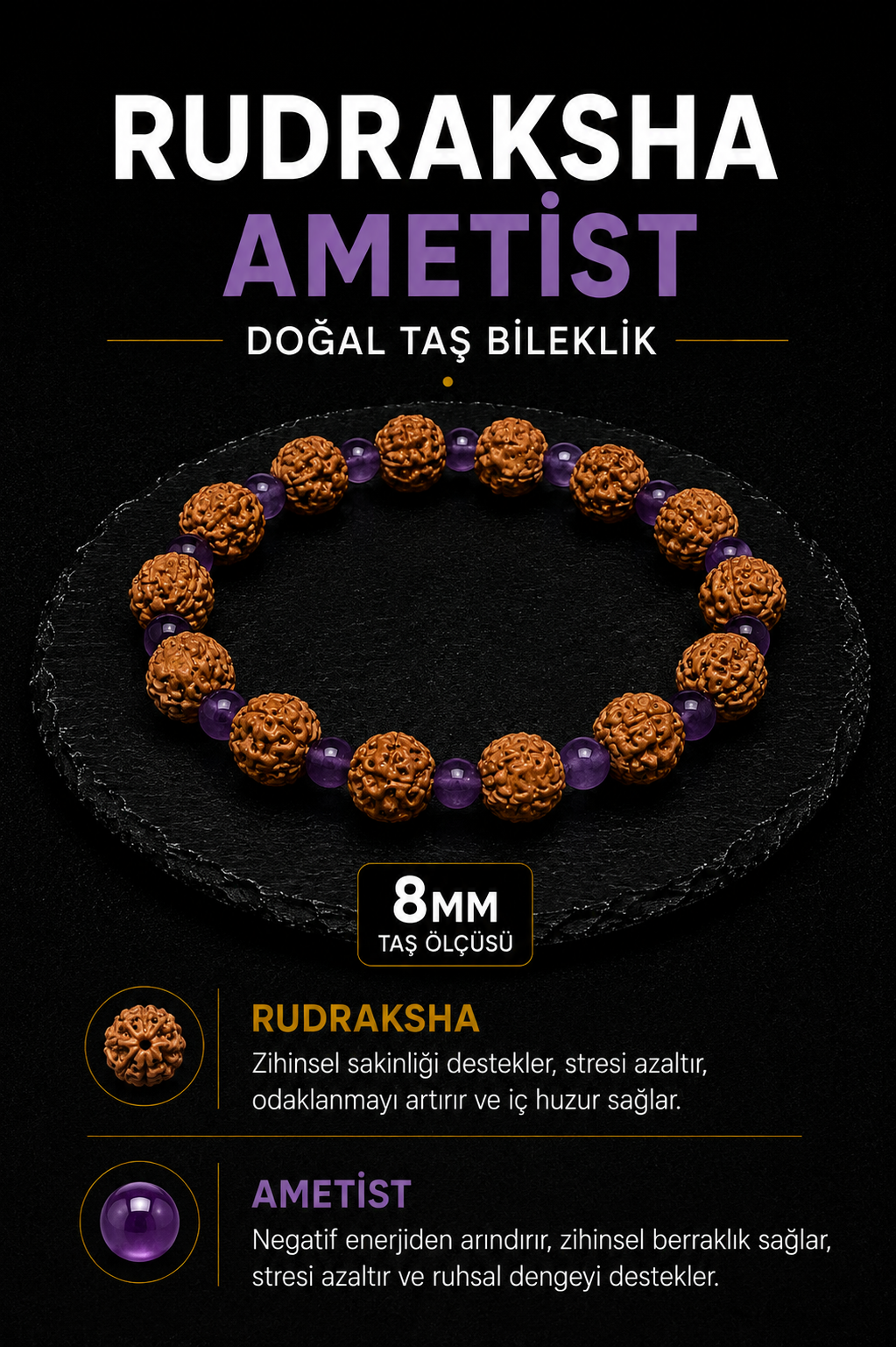 Rudraksha Ametist Doğal Taş Bileklik 8 mm | Osmanlı Doğal Taş