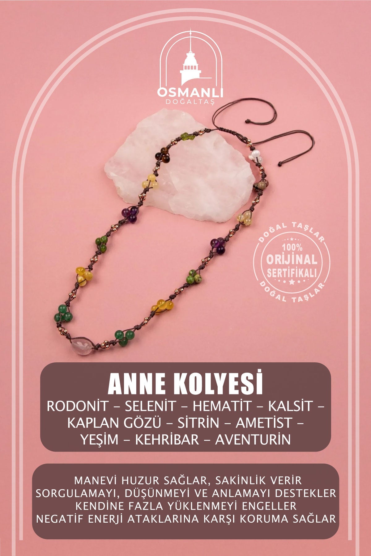 Anne Kolye Doğal Taş Rodonit-Selenit-Hematit-Kalsit-Kaplan Gözü-Sitrin-Ametist-Yeşim-Kehribar-Aventurin-Kristal Kuvars-Zebercet-Pembe Kuvars