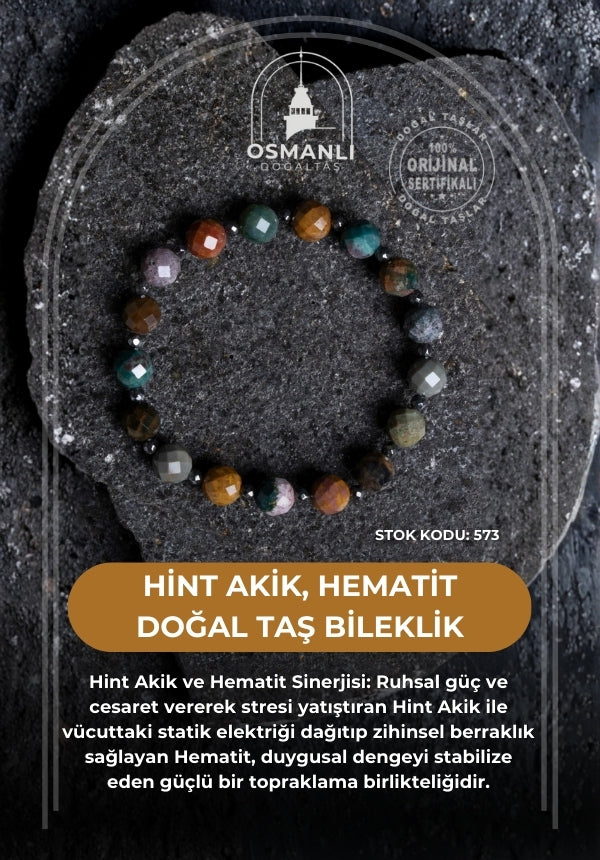 Sertifikalı Hint Akik, Hematit Doğal Taş Bileklik (SK:573)
