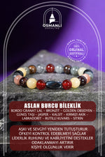 Aslan Burcu Bileklik Bordo Granat Lal, Bronzit, Golden Obsidyen, Güneş Taşı, Jasper, Kalsit, Kırmızı Akik, Labradorit, Rutilli Kuvars, Sitrin