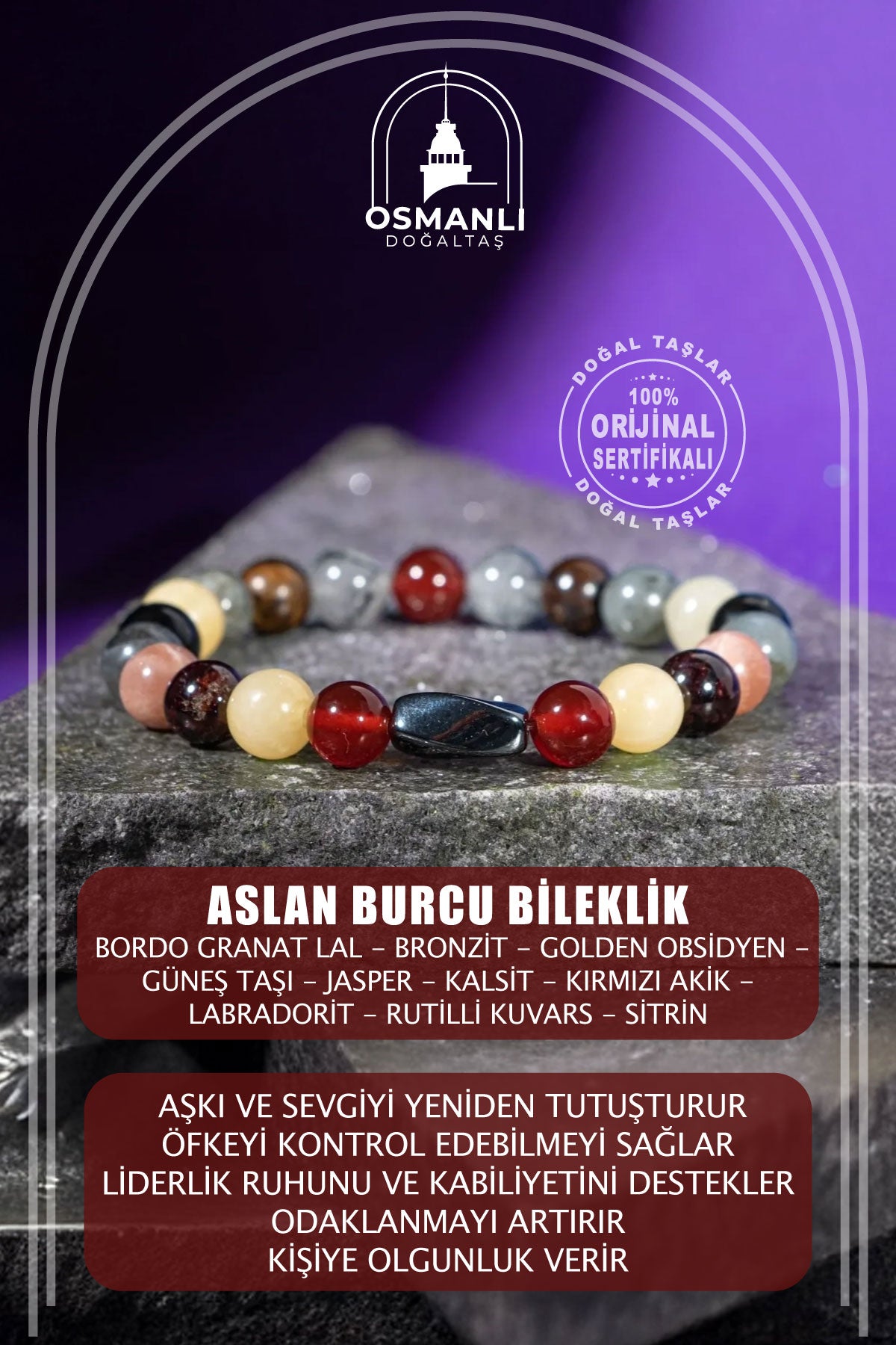 Aslan Burcu Bileklik Bordo Granat Lal, Bronzit, Golden Obsidyen, Güneş Taşı, Jasper, Kalsit, Kırmızı Akik, Labradorit, Rutilli Kuvars, Sitrin