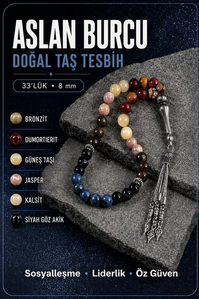 Aslan Burcu Tesbih Bronzit, Dumortierit, Güneş Taşı, Jasper, Kalsit, Siyah Göz Akik