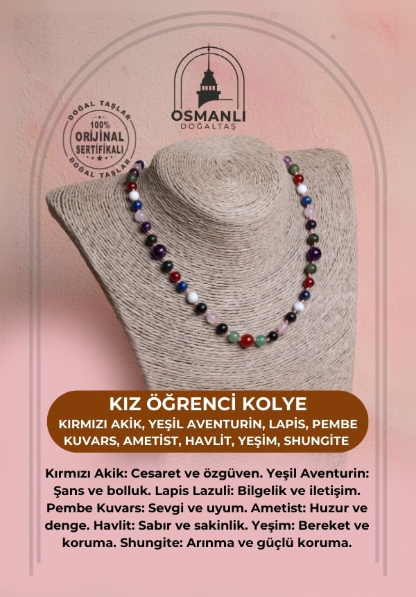 Sertifikalı Kırmızı Akik, Yeşil Aventurin, Lapis, Pembe Kuvars, Ametist, Havlit, Yeşim, Shungite Kız Öğrenci Kolye