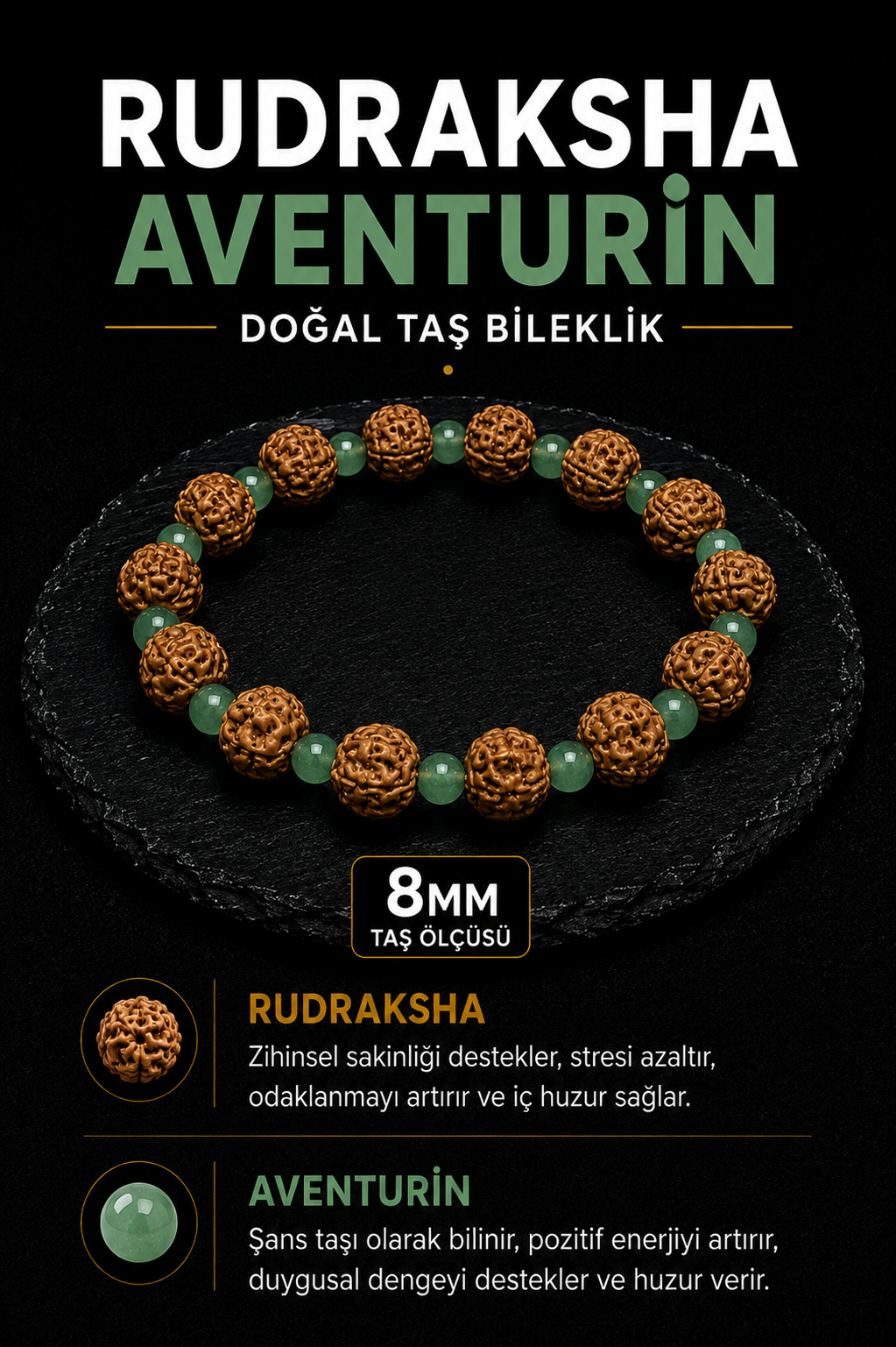 Rudraksha Aventurin Doğal Taş Bileklik 8 mm | Osmanlı Doğal Taş