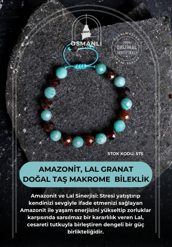 Sertifikalı Amazonit, Lal Granat Doğal Taş Makrome  Bileklik (SK:575)