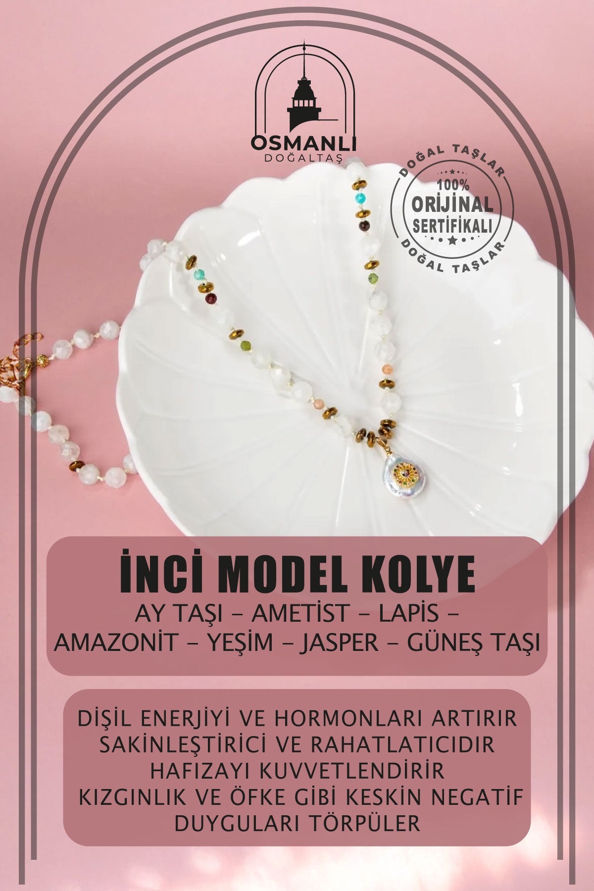 Ay Taşı-Ametist-Lapis-Amazonit-Yeşim-Jasper-Güneş Taşı İnci Model Doğal Taş Kolye