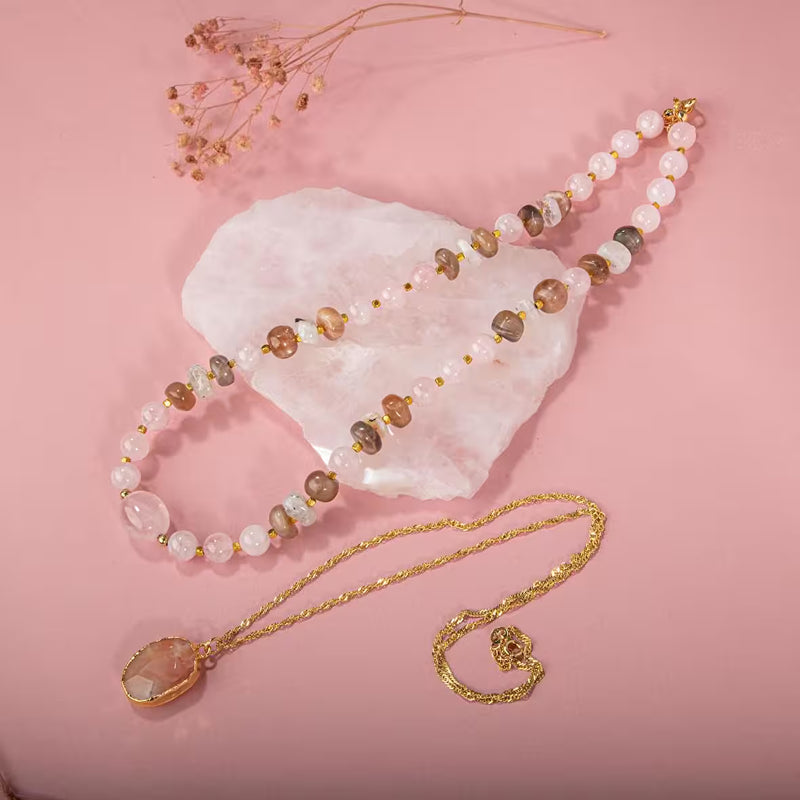 Ay Taşı-Pembe Kuvars-Güneş Taşı Doğal Taş Kolye