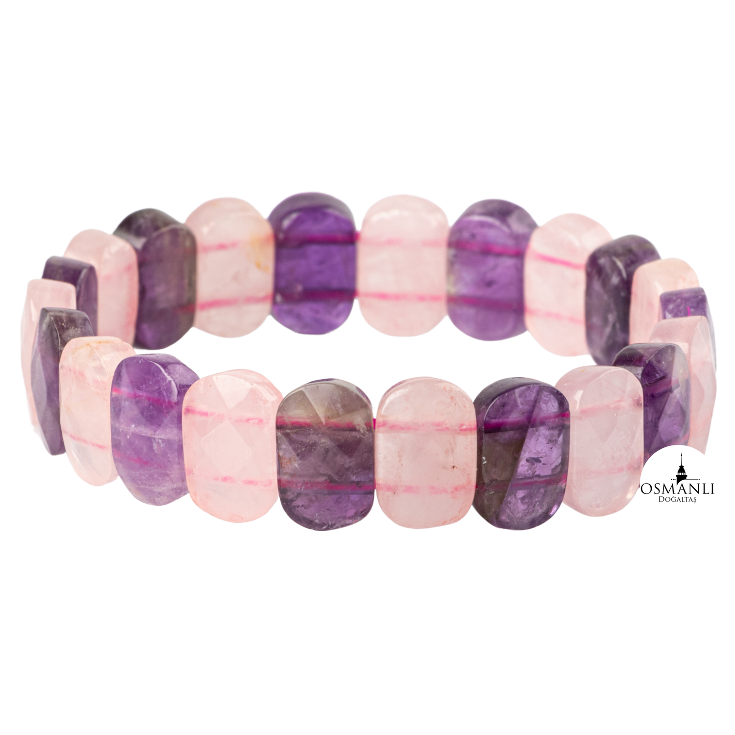 Ametist-Pembe Kuvars Doğal Taş Geniş Kesim Bileklik