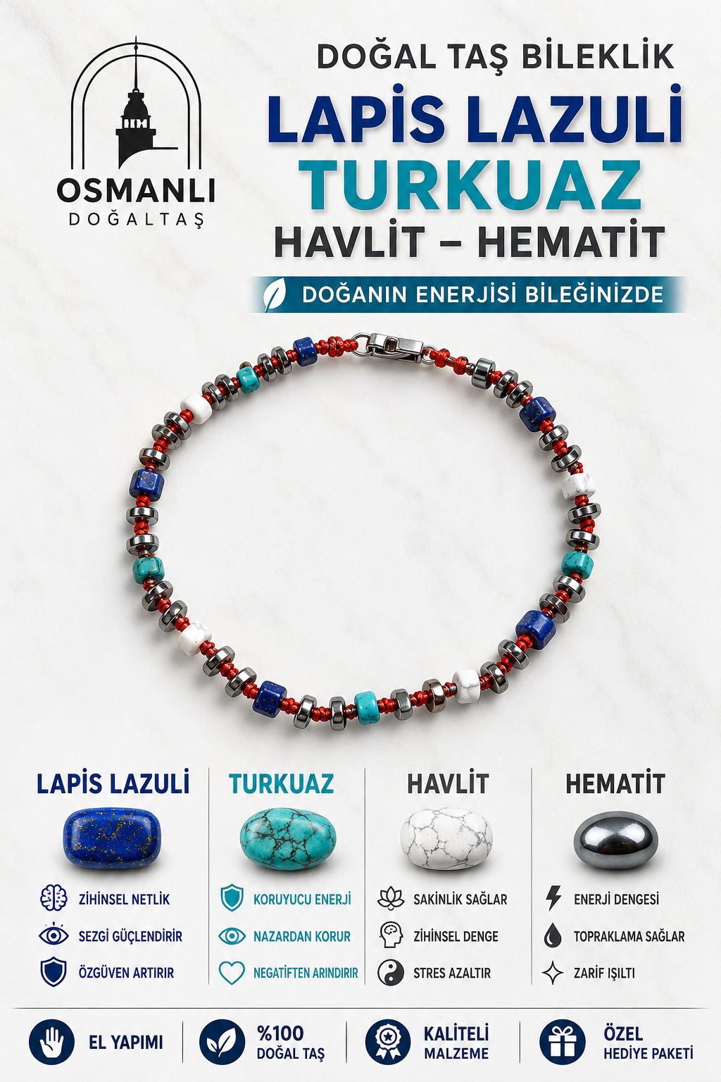 Lapis Lazuli Turkuaz Havlit Hematit Gümüş Bileklik
