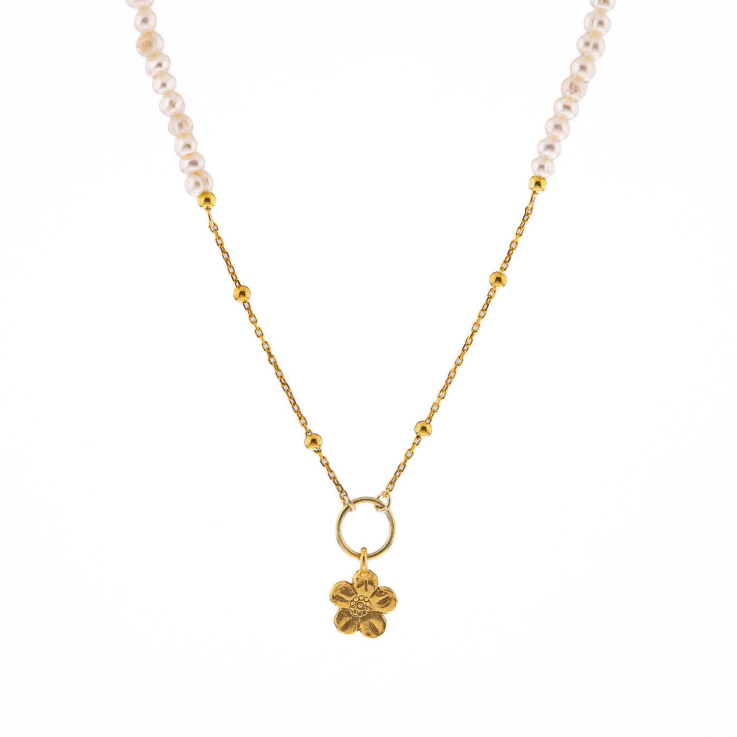 İnci Doğal Taş Gümüş Çiçekli Kolye