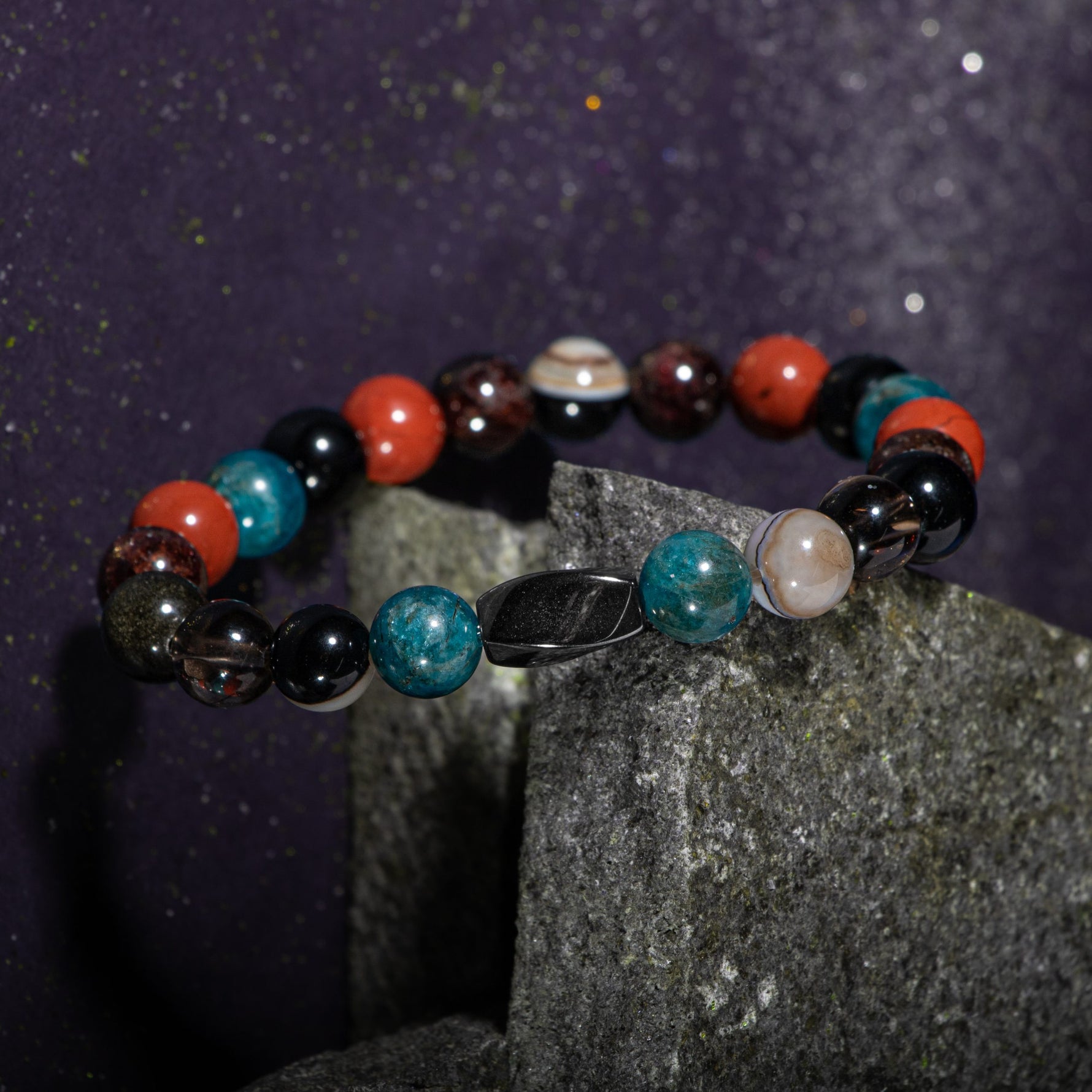 Başak Burcu Bileklik Bordo Granat Lal, Dumanlı Kuvars, Golden Obsidyen, Jasper, Mavi Apatit, Siyah Göz Akik