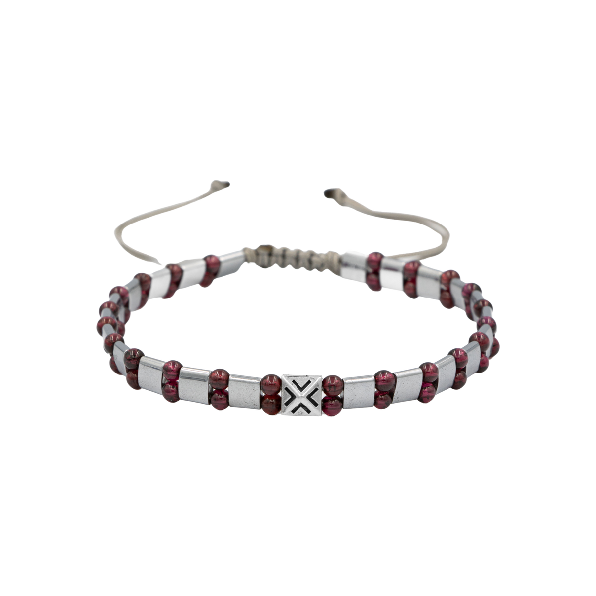 Bordo Granat Lal-Hematit Doğal Taş Erkek Makrome Bileklik