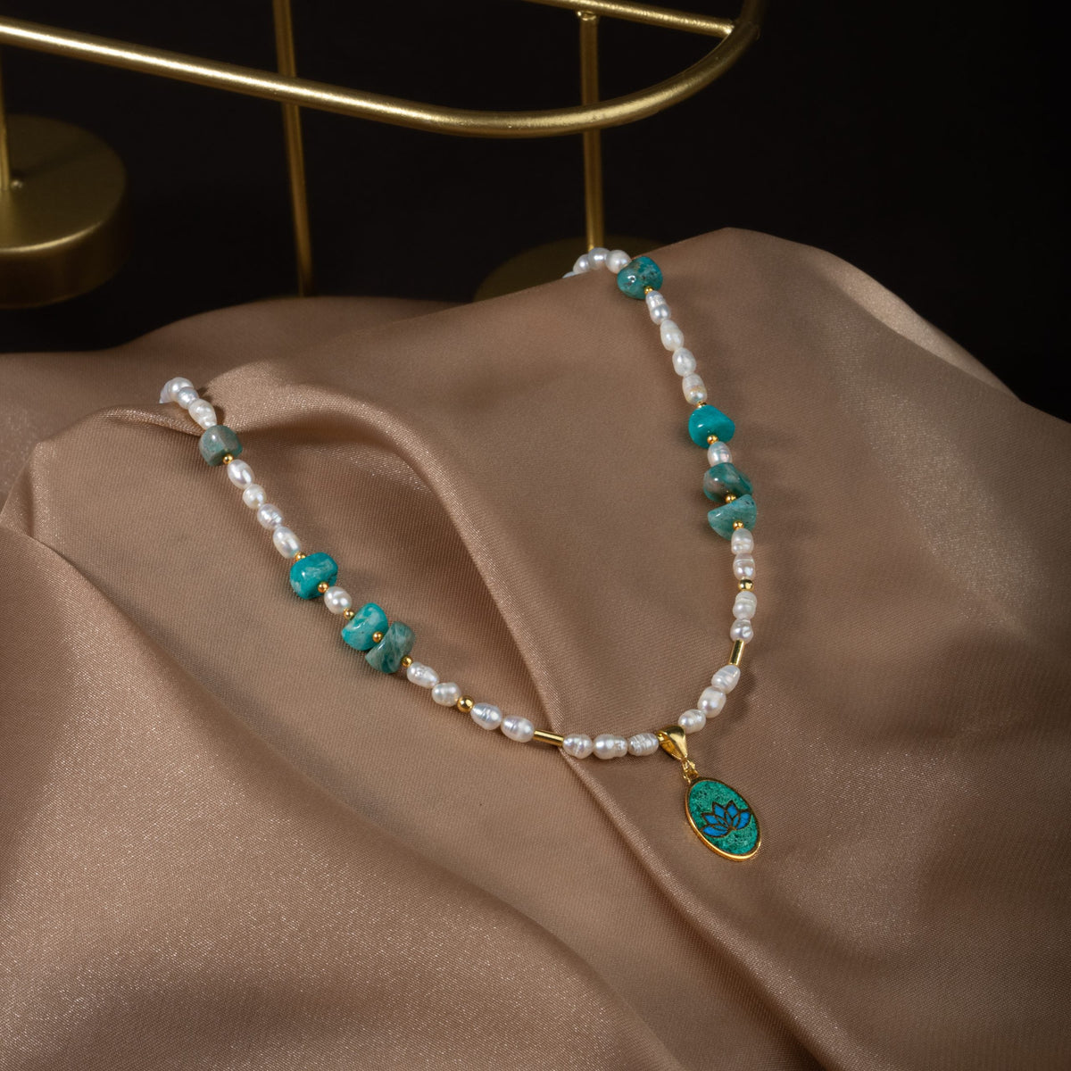 İnci-Amazonit Doğal Taş Gümüş Kolye