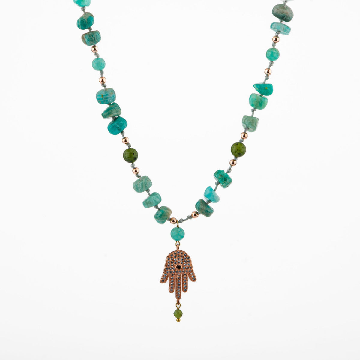 Amazonit-Yeşim Doğal Taş Hamsa Fatıma Eli Altın Kaplama Kolye