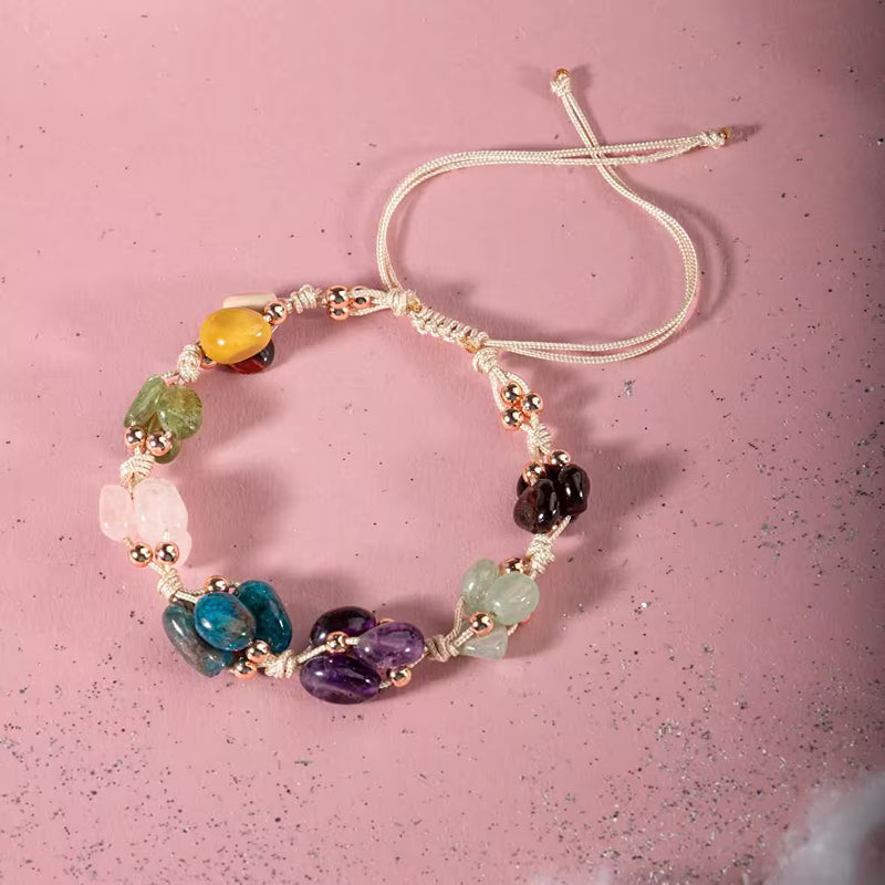 Başak Burcu Bileklik Ametist, Bordo Granat Lal, Jasper, Mavi Apatit, Pembe Kuvars, Yeşil Aventurin, Zebercet (Peridot)