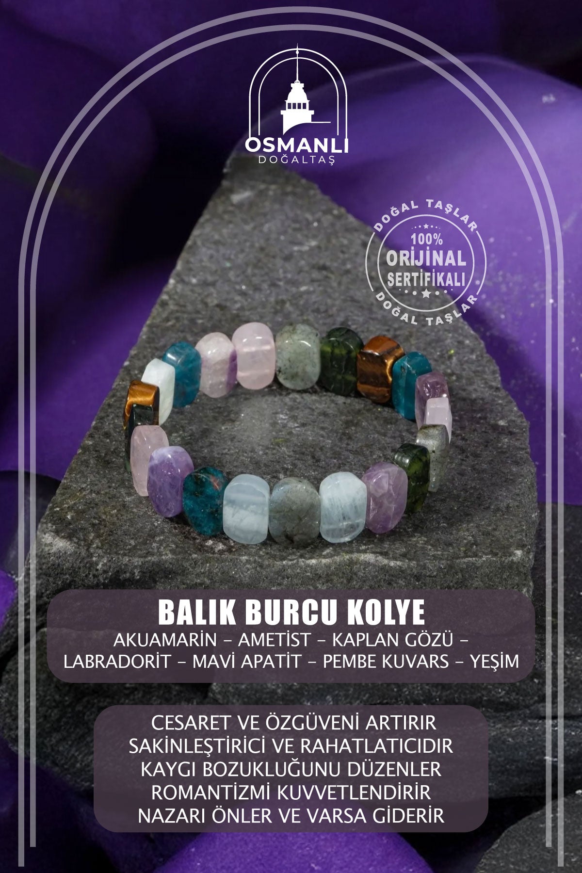 Balık Burcu Bileklik Akuamarin, Ametist, Kaplan Gözü, Labradorit, Mavi Apatit, Pembe Kuvars, Yeşim