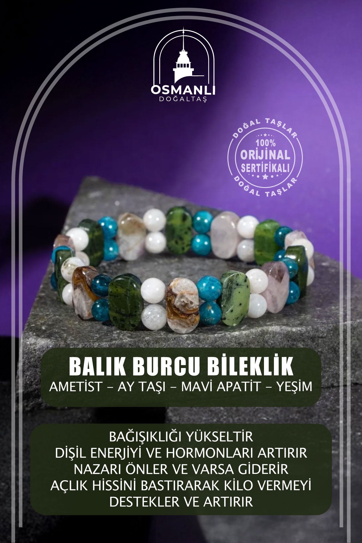 Balık Burcu Bileklik Ametist, Ay Taşı, Mavi Apatit, Yeşim